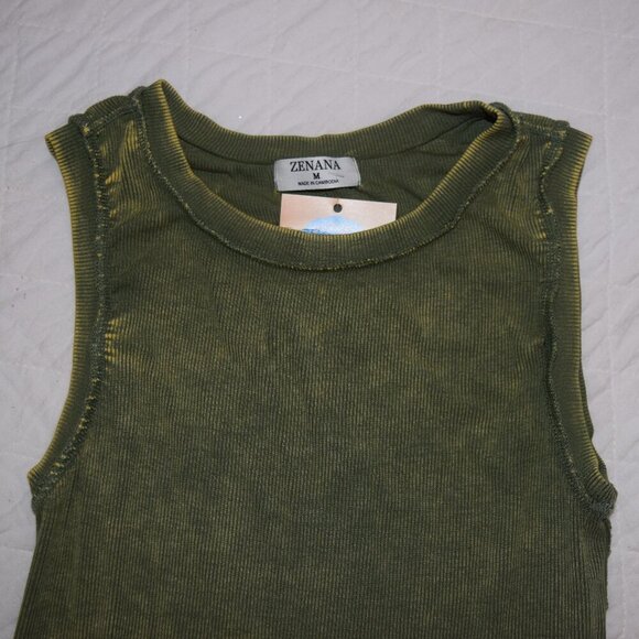 NWT ZENANA Washed Ribbed Scoop Neck Olive Tank Womens Top Medium - Picture 3 of 5